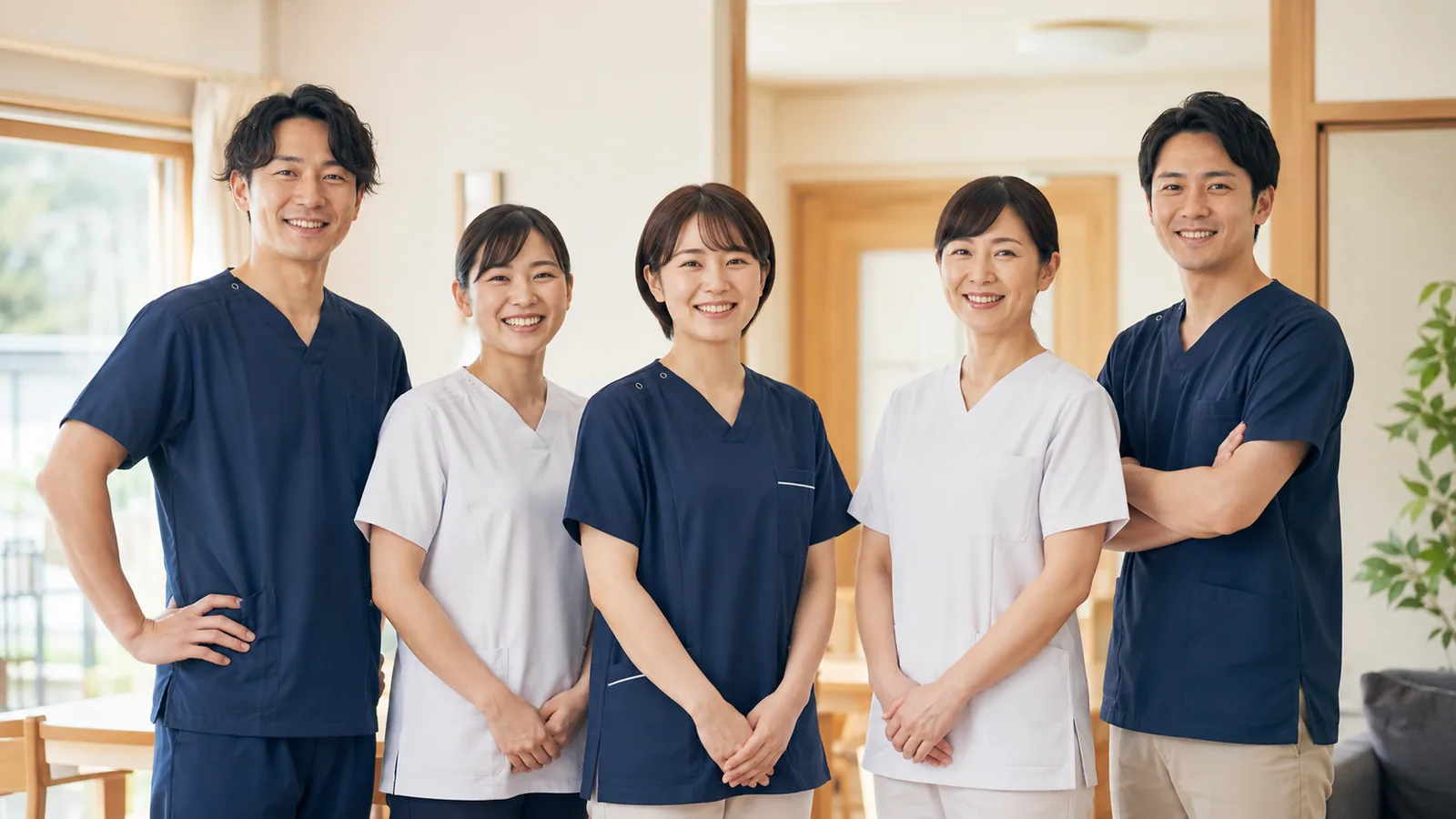 医療・介護の専門職が明るい室内で並ぶ様子